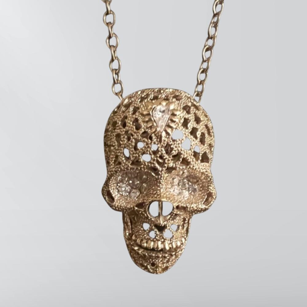 Gold Metal Skull Necklace with Rhinestones & Movable Jaw